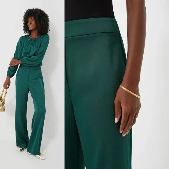 Tuckernuck NEW Deep Green Erin Wide Leg Pant Large Wedding Date Corp Core Party - Picture 2 of 6